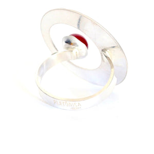 Round Adjustable Ring Nasrid Palaces detail Red inspired by the wall decoration of the Alhambra, Granada. Signature jewelery based on the ataurique plasterwork of Andalusian architecture. Contemporary sterling silver and glass jewelry. Ethnic and sophisticated style. Made in Spain. Local crafts.