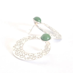 Green Nasrid Palaces detail earrings inspired by the mural decoration of the Alhambra, Granada. Signature jewelery based on the ataurique plasterwork of Andalusian architecture. Contemporary sterling silver and glass jewelry. Ethnic and sophisticated style. Made in Spain. Local crafts