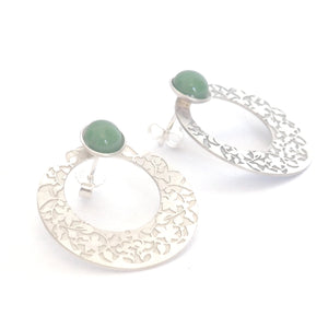 Green Nasrid Palaces detail earrings inspired by the mural decoration of the Alhambra, Granada. Signature jewelery based on the ataurique plasterwork of Andalusian architecture. Contemporary sterling silver and glass jewelry. Ethnic and sophisticated style. Made in Spain. Local crafts