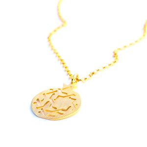 Granada pendant no.3. . Gold plated silver. PLATÓNICA, contemporary signature jewelry. manufactured in our workshop in Albaicin, Granada, Spain. Handmade jewelry. Alhambra Jewels, Granada. Granada crafts. Jewels made from Andalusia.