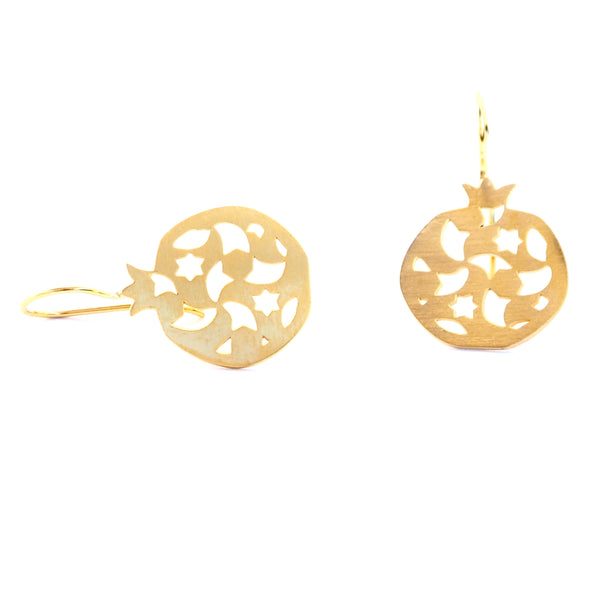 Pomegranate hook earrings no. two. . Gold plated silver. PLATÓNICA, contemporary signature jewelry. manufactured in our workshop in Albaicin, Granada, Spain. Handmade jewelry. Alhambra Jewels, Granada. Granada crafts. Jewels made of Andalusia.