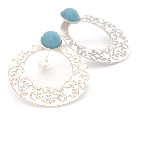 Blue Nasrid Palaces detail earrings inspired by the mural decoration of the Alhambra, Granada. Signature jewelery based on the ataurique plasterwork of Andalusian architecture. Contemporary sterling silver and glass jewelry. Ethnic and sophisticated style. Made in Spain. Local crafts